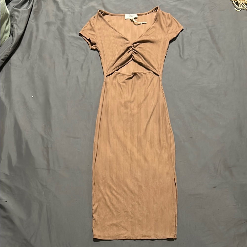 Ruched Front Midi Dress in Taupe